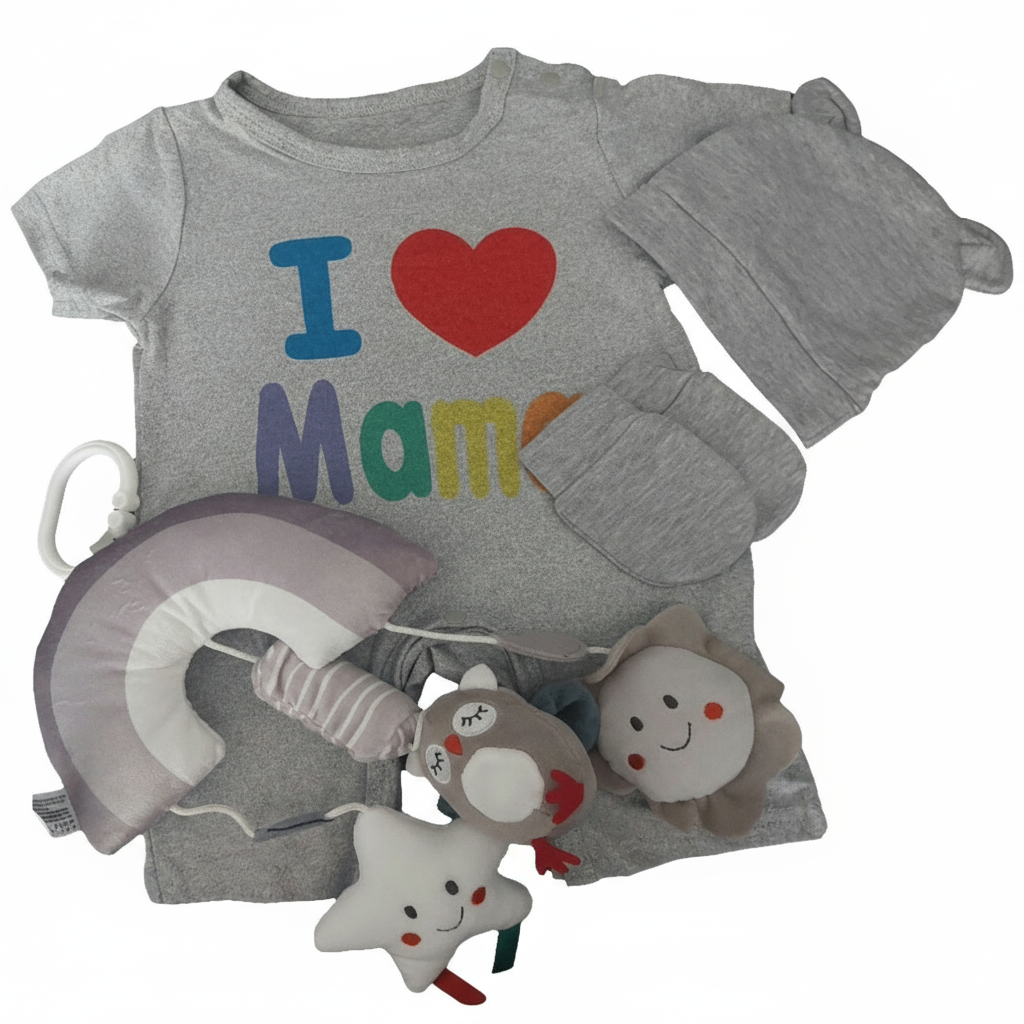 Een compleet ingepakt kraam of babyshowerpakket dat je zo kunt meenemen naar een babyshower of kraamvisite.Het pakket wordt feestelijk ingepakt met raffia in cellofaan band en strikken. Je hebt keuze in wit , blauw of roze verpakking. Dit pakker bestaat uit: Een rompertje, een mutsje en een grote mobiel met 3 hangers eraan. 