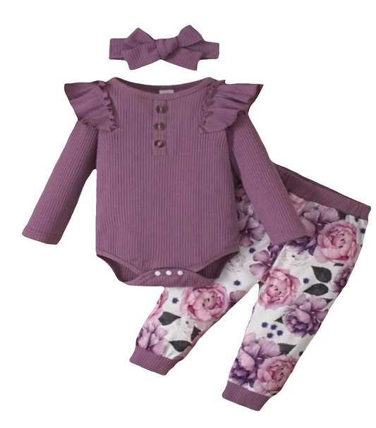 body met lange mouw en gebloemde broek paars