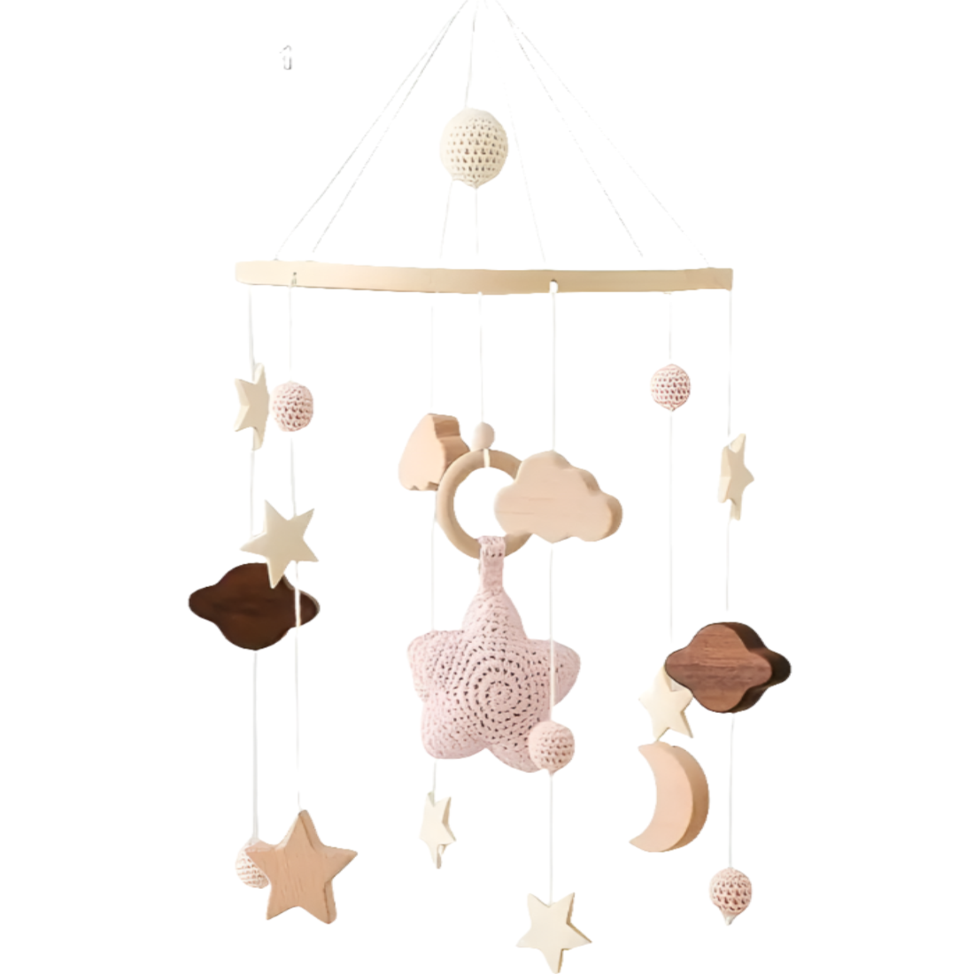 Mobiel duurzaam hout en gebreide hangers wit of roze