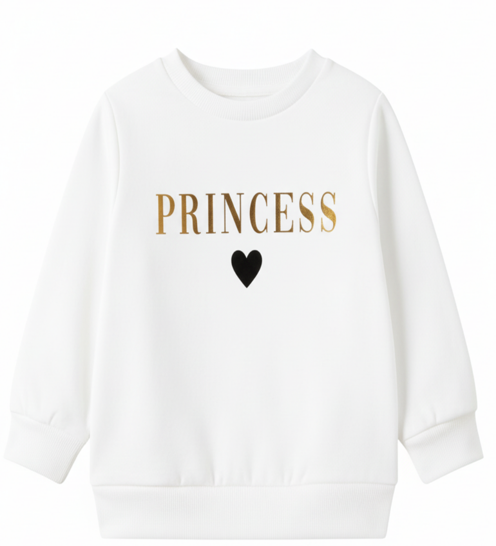 Sweater met tekst Princess. De letters hebben kleurverloop van goud naar beige.