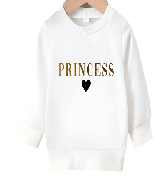 Sweater met tekst Princess. De letters hebben kleurverloop van goud naar beige.