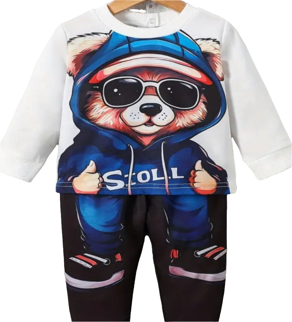 Joggingpak met stoere beer. Witte sweater en zwarte broek.