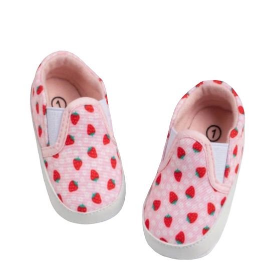 roze canvas instapper met aardbeien( ook als set verkrijgbaar met jurkje aardbei)