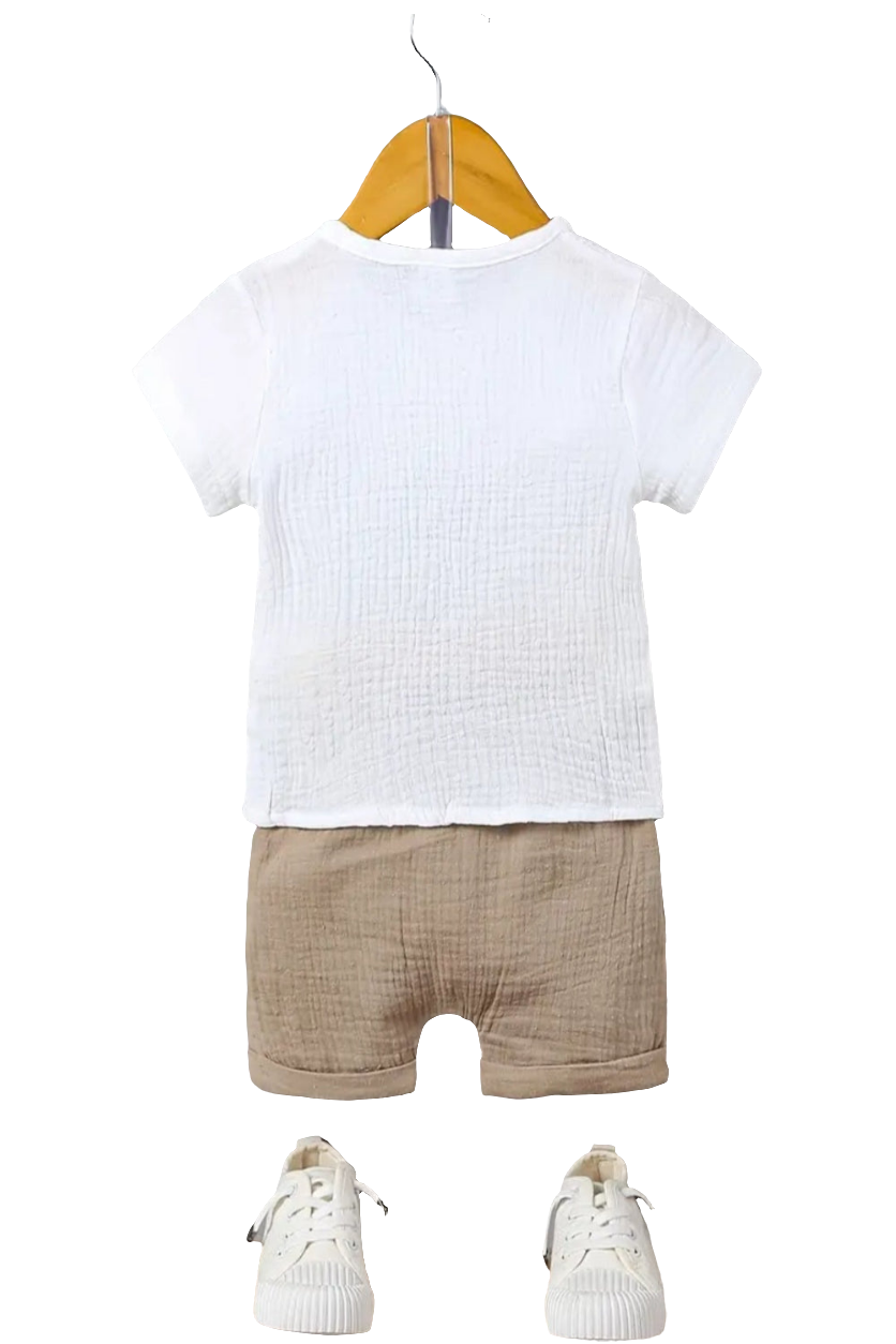 Set: shirt wit met short beige in crinckle katoen