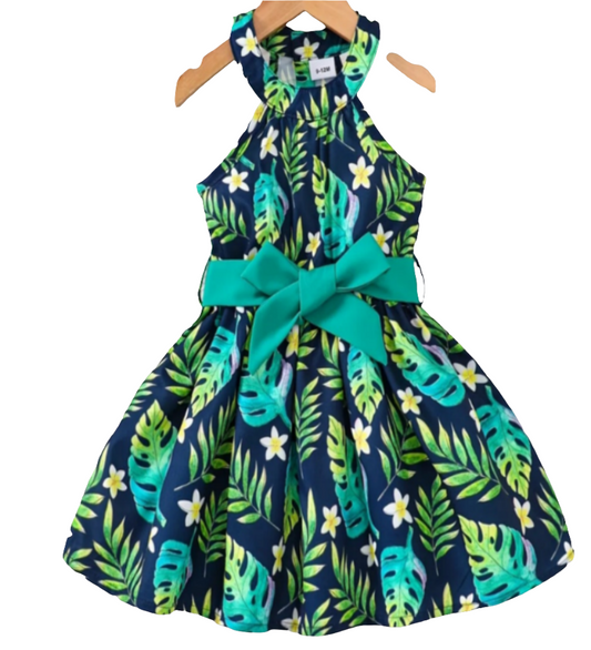 Jurkje met bladprint groen met blauw