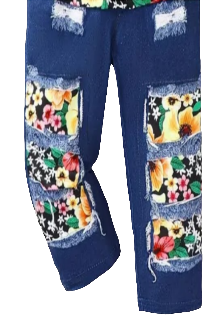 Denimlookset : shirt met bloemetjes en bijpassende broek