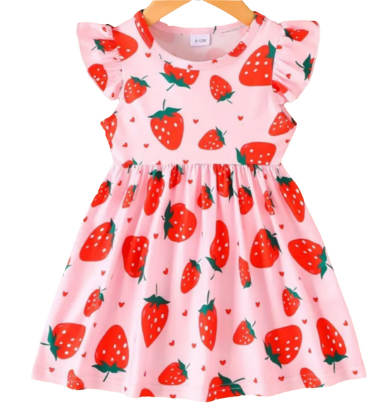 Jurk roze met aardbeienprint met bijpassende schoentjes