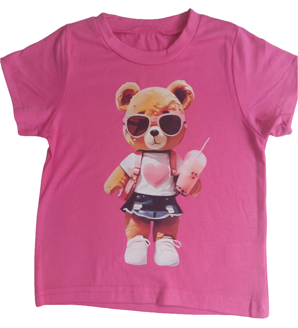 Shirt voor meisjes: fuchsia met roze meisjesbeer met milkshake