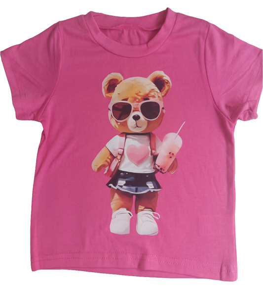 Shirt voor meisjes: fuchsia met roze meisjesbeer met milkshake