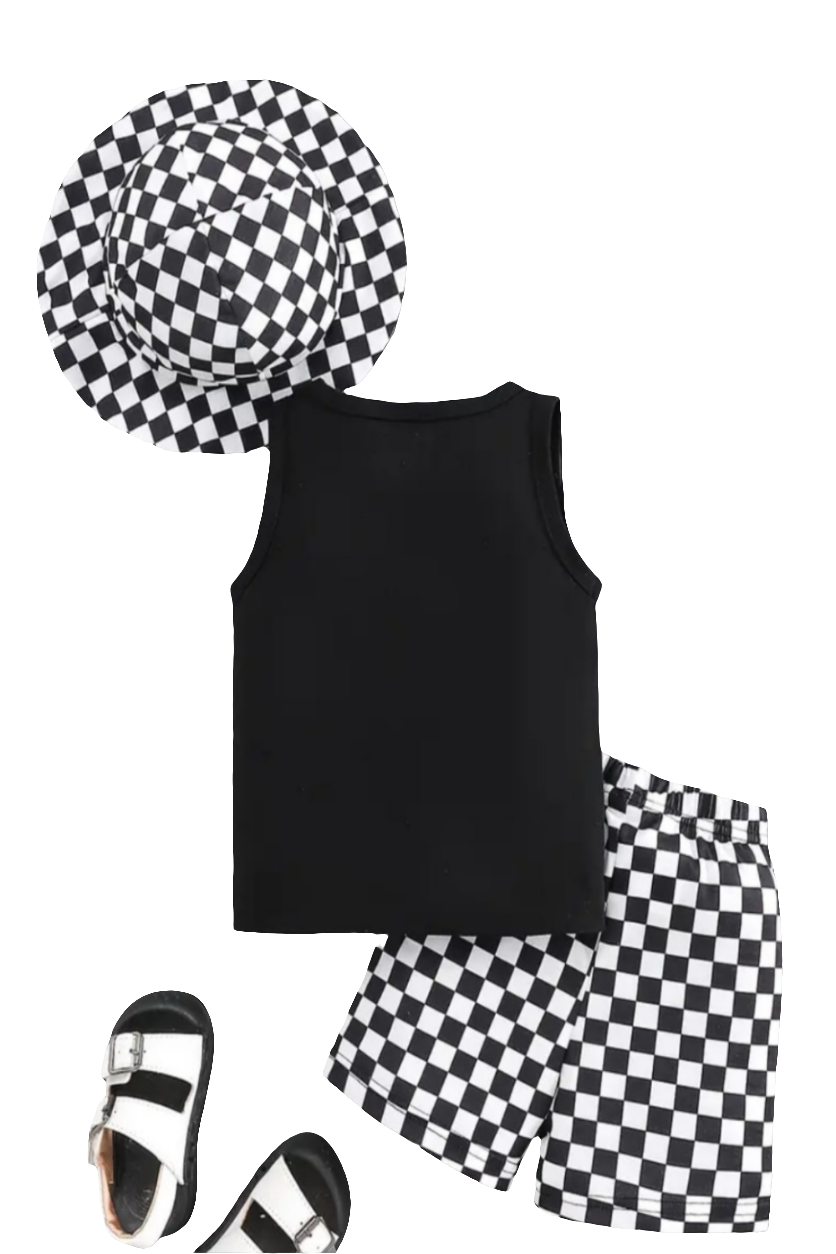 Set voor de zomer : Urban / checkerboard stijl : singlet, short en hoedje (evt. te combineren met de instapper of gymp Urban zwart)
