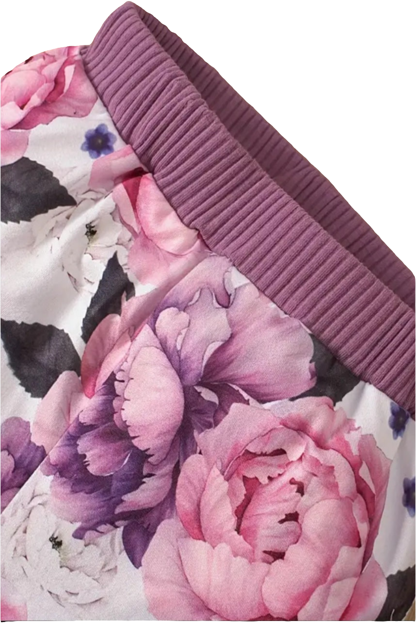 body met lange mouw en gebloemde broek paars