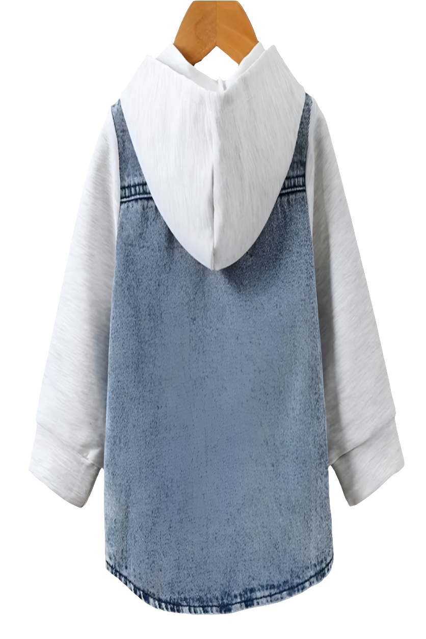 Denim blouse met mouwen en capuchon van joggingstof.
