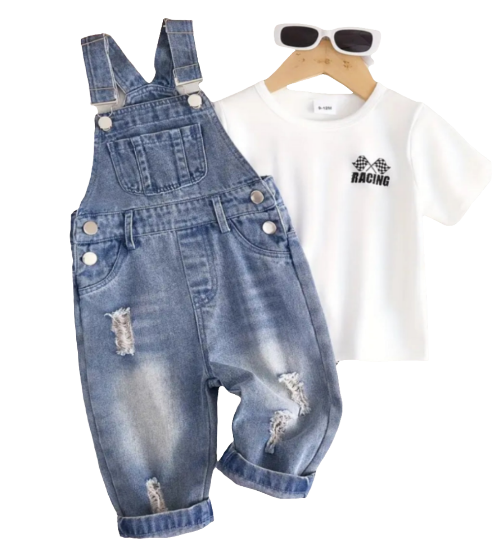 Denim tuinpak met t-shirt met race embleem 