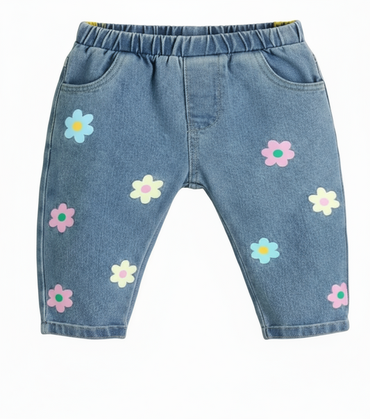 wijde denim jeans met elastische tailleband en gekleurde bloemen op de voorzijde.