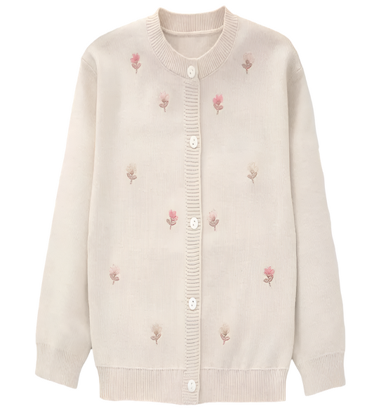 vestje beige met geborduurde roze bloemetjes