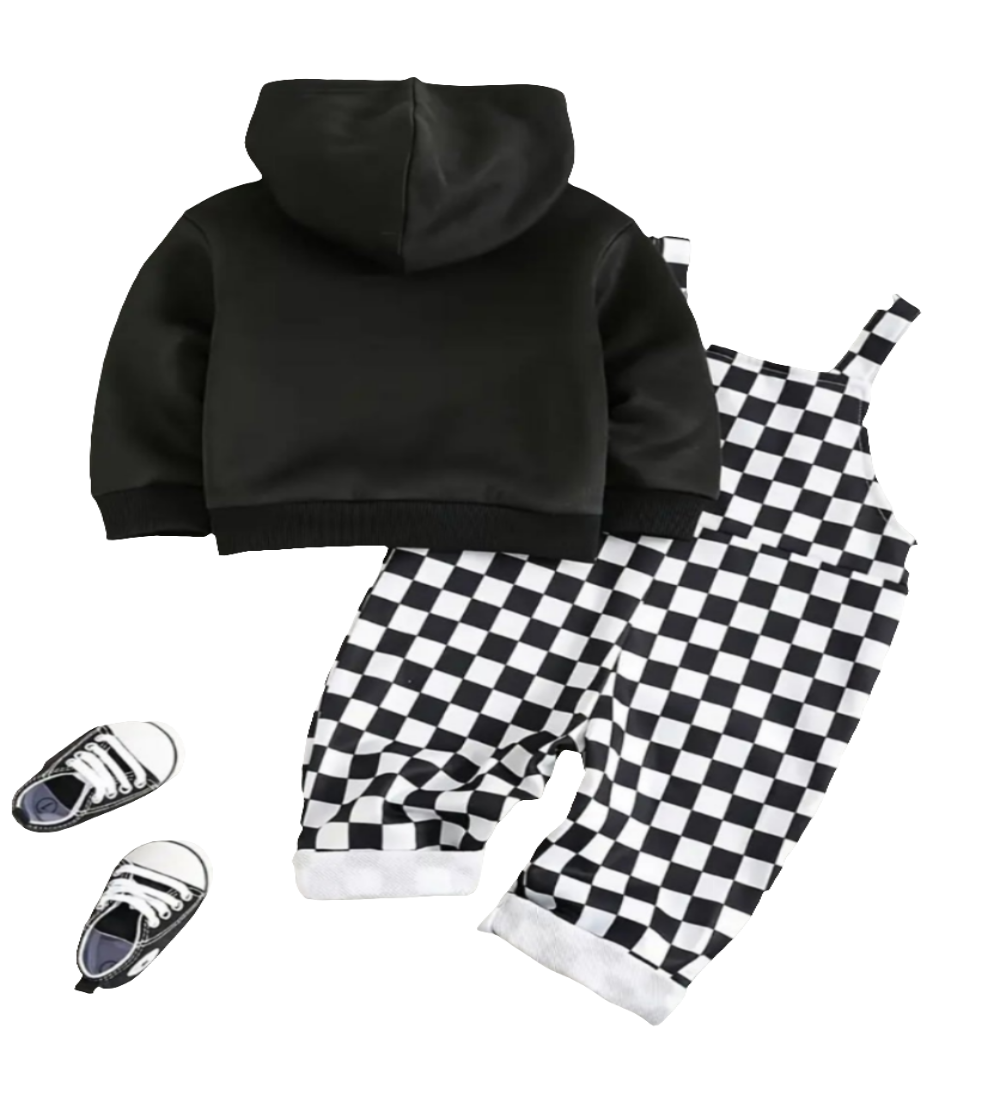 Urban / checkerboard stijl: Tuinbroek en hoodie (evt. te combineren met de instapper/ gymp Urban zwart)