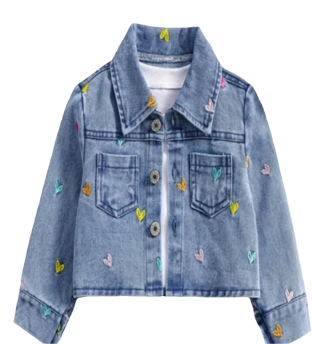 Denim jack met geborduurde hartjes ( leuk te combineren met jeans met hartjes)