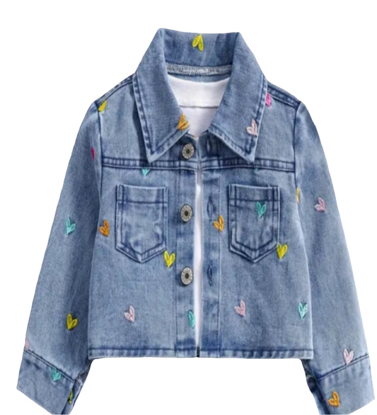 Denim jack met geborduurde hartjes ( leuk te combineren met jeans met hartjes)