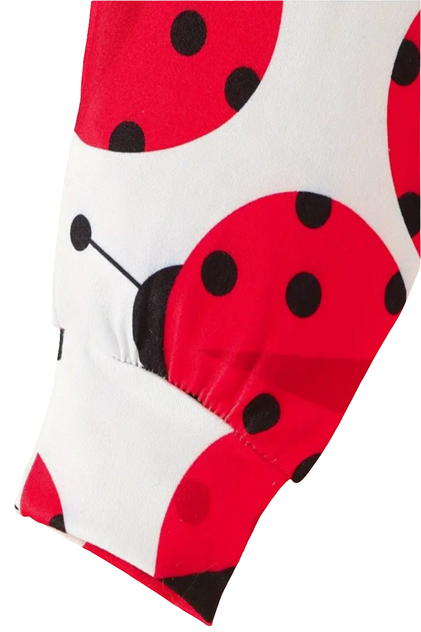 Romper rood met lange mouw en pantalon met lieveheersbeestjes en rode strik (te combineren met de rode gyympjes)