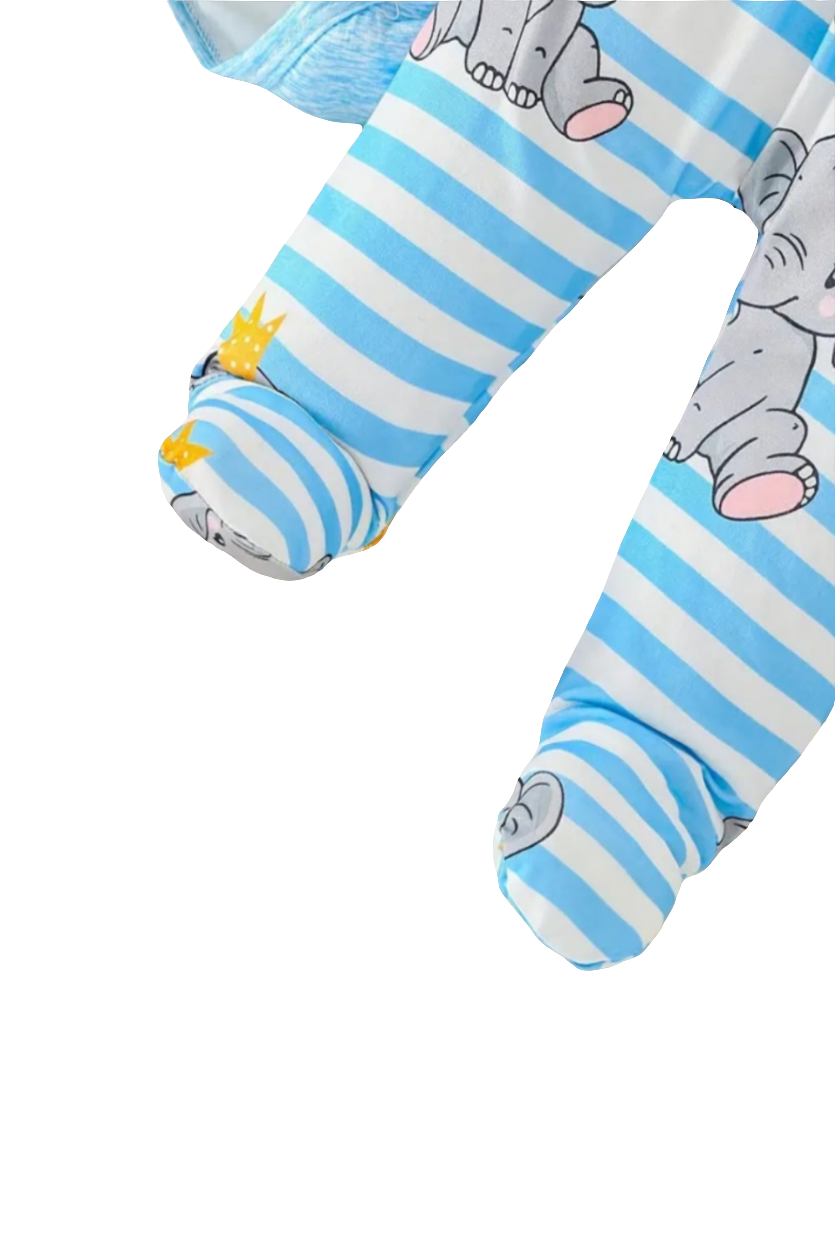 Set: muts, romper met lange mouw en broekje met voetjes en olifantenprint