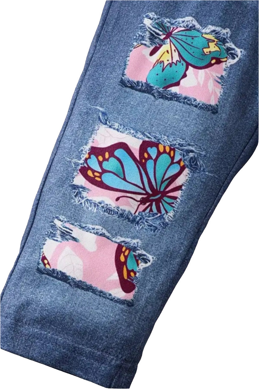 Shirt roze met vlinders en  legging in denimlook ( leuk met de gympjes met glitters)