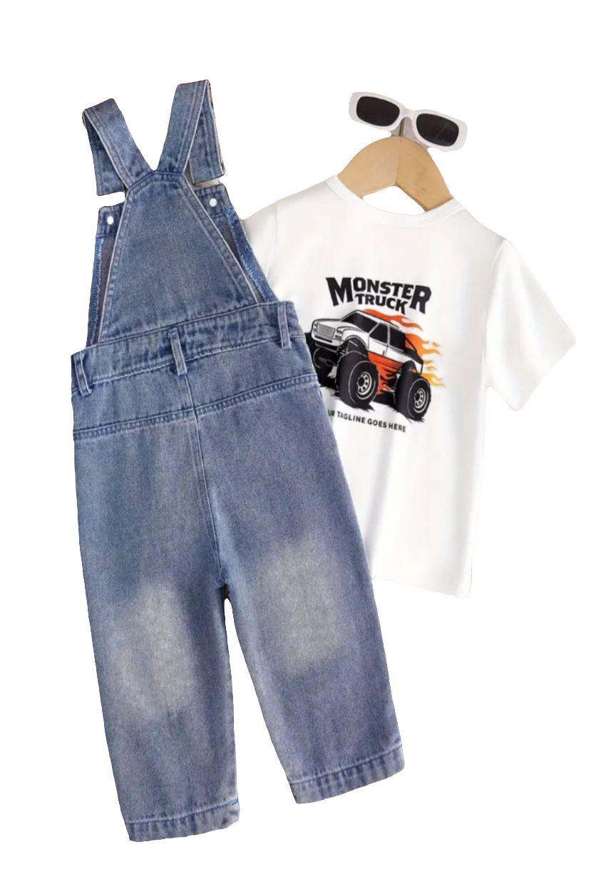 Denim tuinpak met t-shirt met race embleem ( te combineren met de denim gymp)
