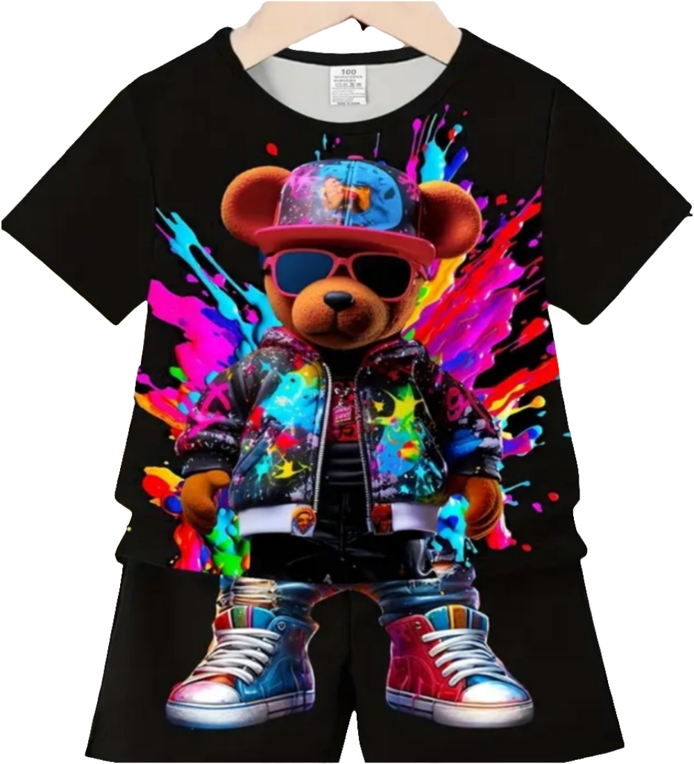 Set voor de zomer: shirt met short met beer zwart met verf