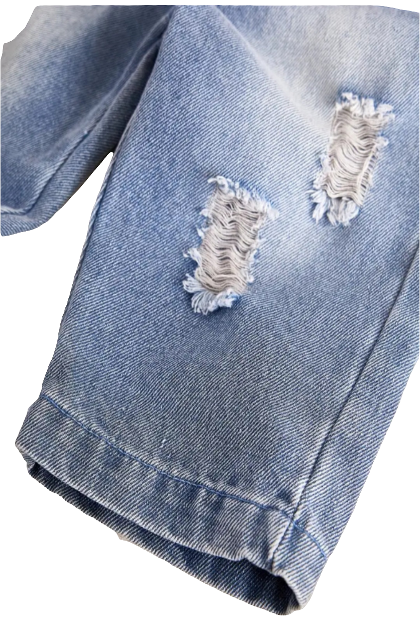 Denim tuinpak met t-shirt met race embleem ( te combineren met de denim gymp)