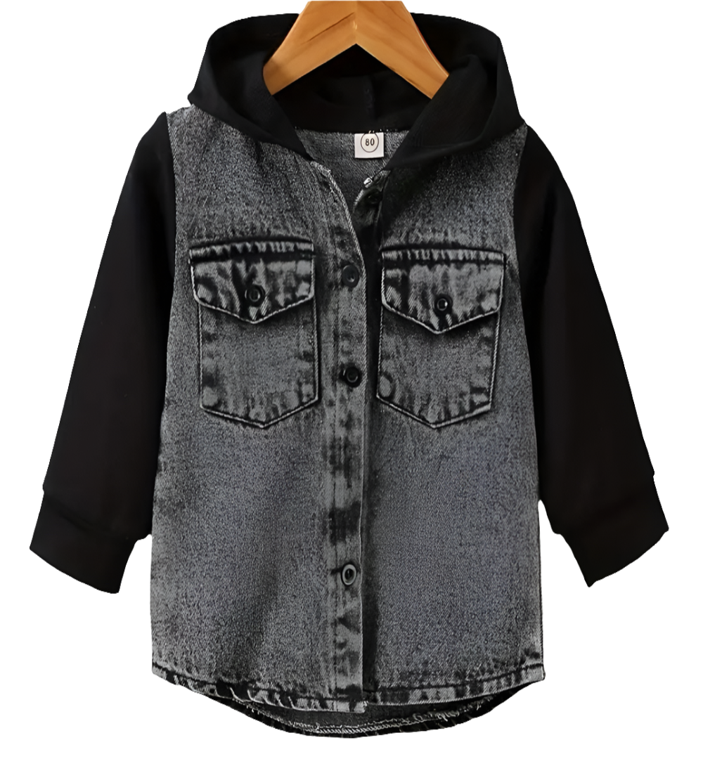 Denim jack zwart met mouwen en capuchon van joggingstof