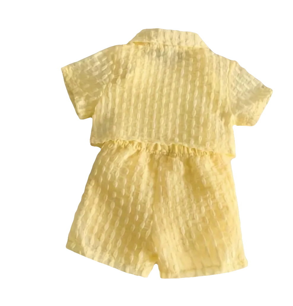 Set: shirt, short en romper zachtgeel