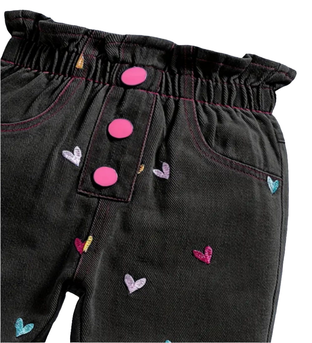 Denim jeans zwart met geborduurde hartjes(te combineren met het bijpassende jack)