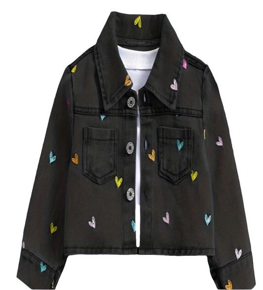 Denim jack zwart met gekleurde geborduurde hartjes ( ook leuk met bijpassende jeans)