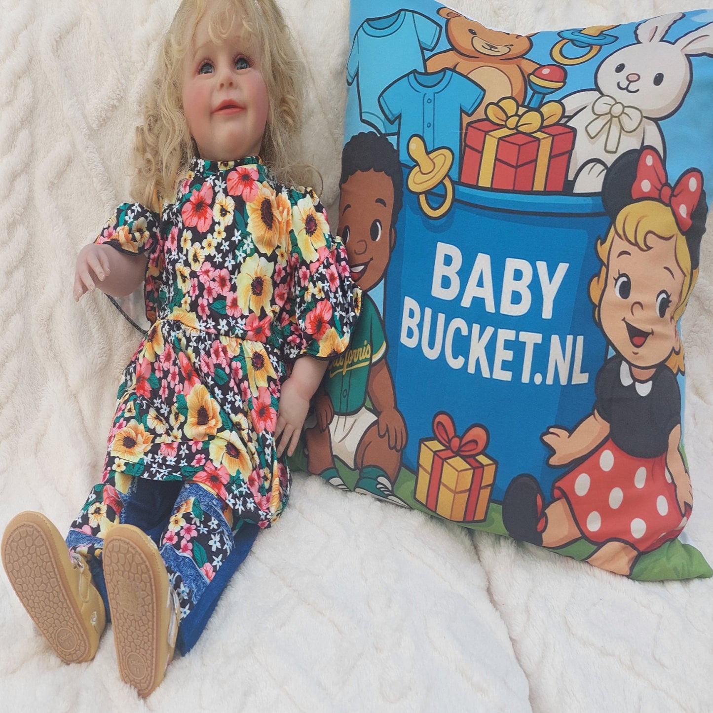 Denimlookset : shirt met bloemetjes en bijpassende broek