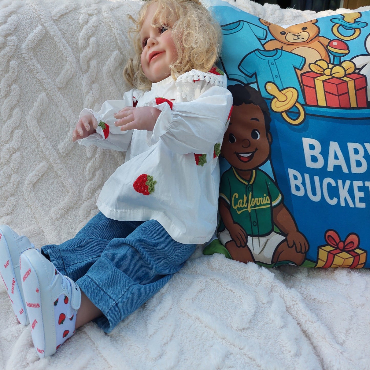 blouse wit met aardbeien met jeans ( te combineren met witte gympen met aardbeien)