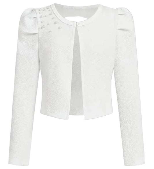 Mooi kort jasje voor over een avondjurkje. Wit met pareltjes