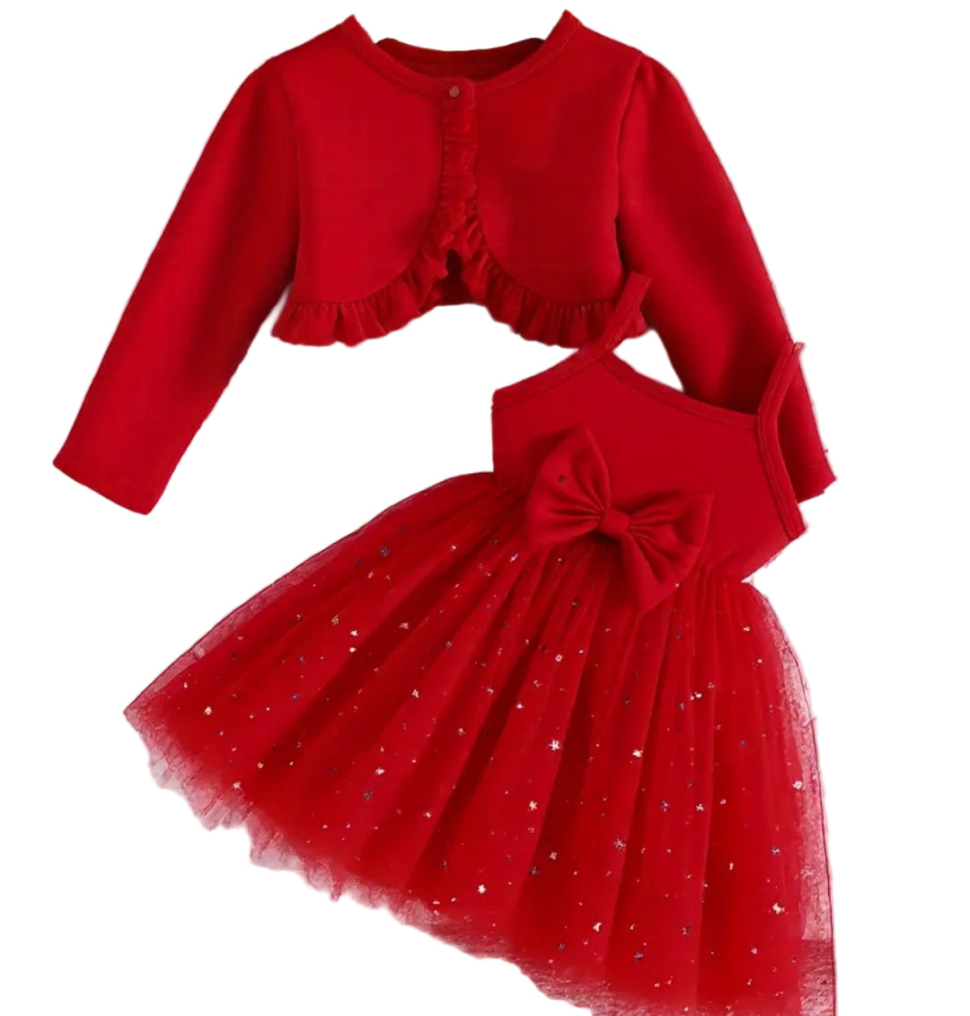 Feestjurk tule met sterretjes in rood