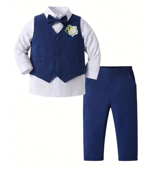 feestkleding : driedelig pak voor jongens. wit overhemd met gilet , pantalon en strik in blauw