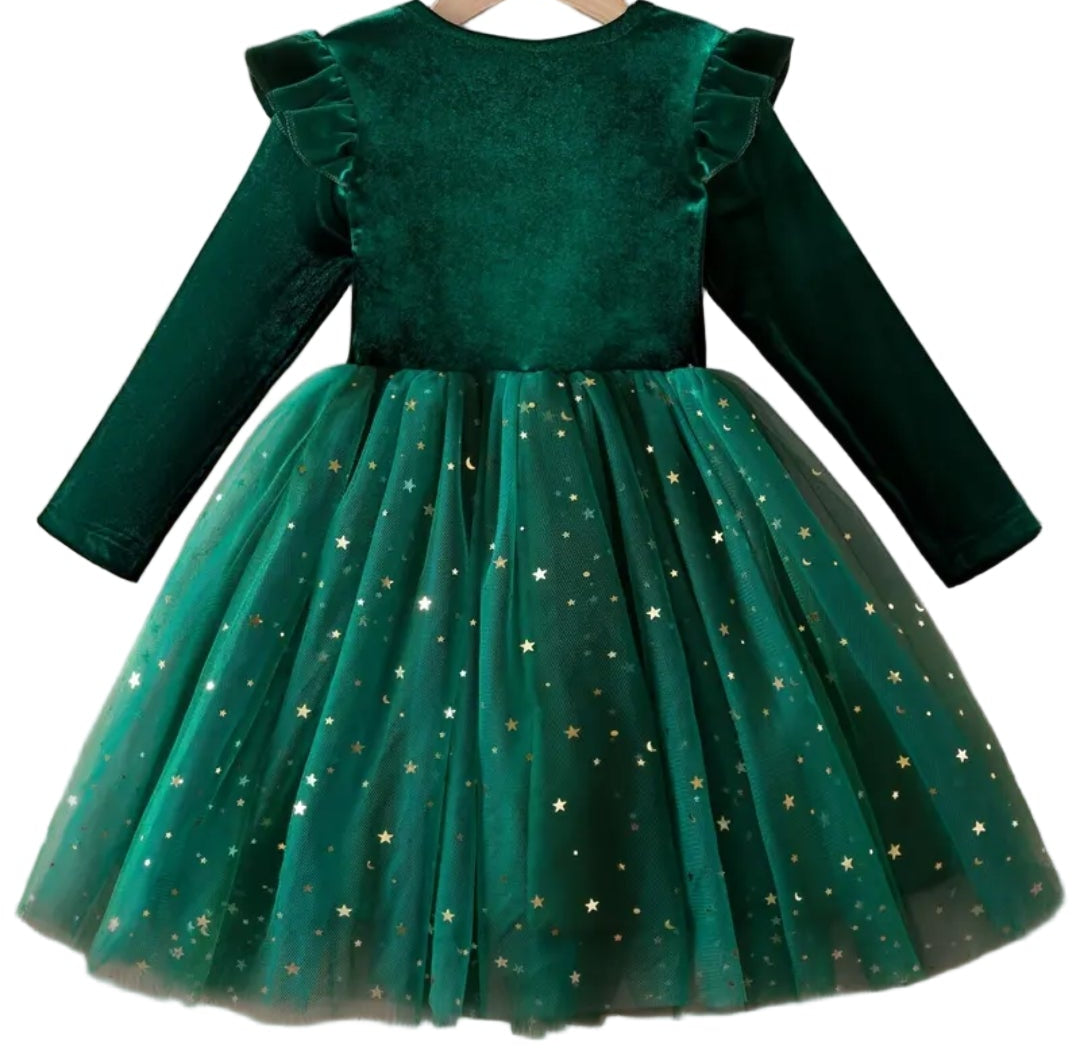 Kerstjurk velours groen met tule rok.