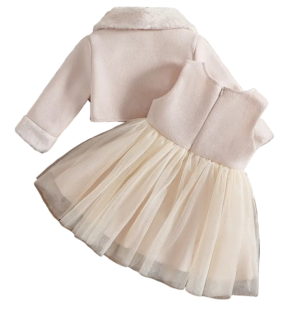 jurk beige met tule rok en bijpassende jas