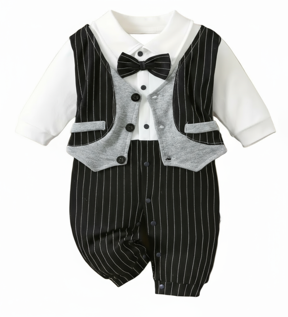 Boxpak "Mijn eerste smoking" zwartgrijs gilet met krijtstreepbroek en zwarte vlinderdas