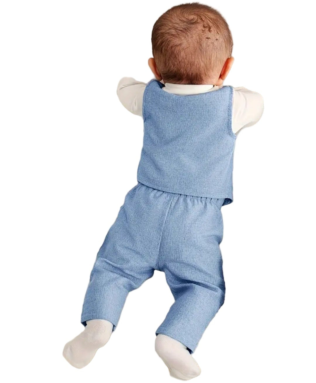 Kerstpak beige of lichtblauw: gilet,blouse en broek