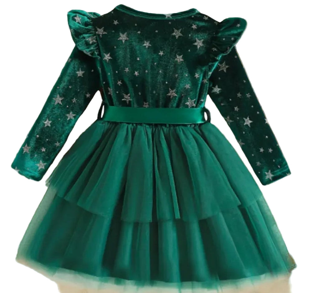 jurkje velours groen met zilveren sterren