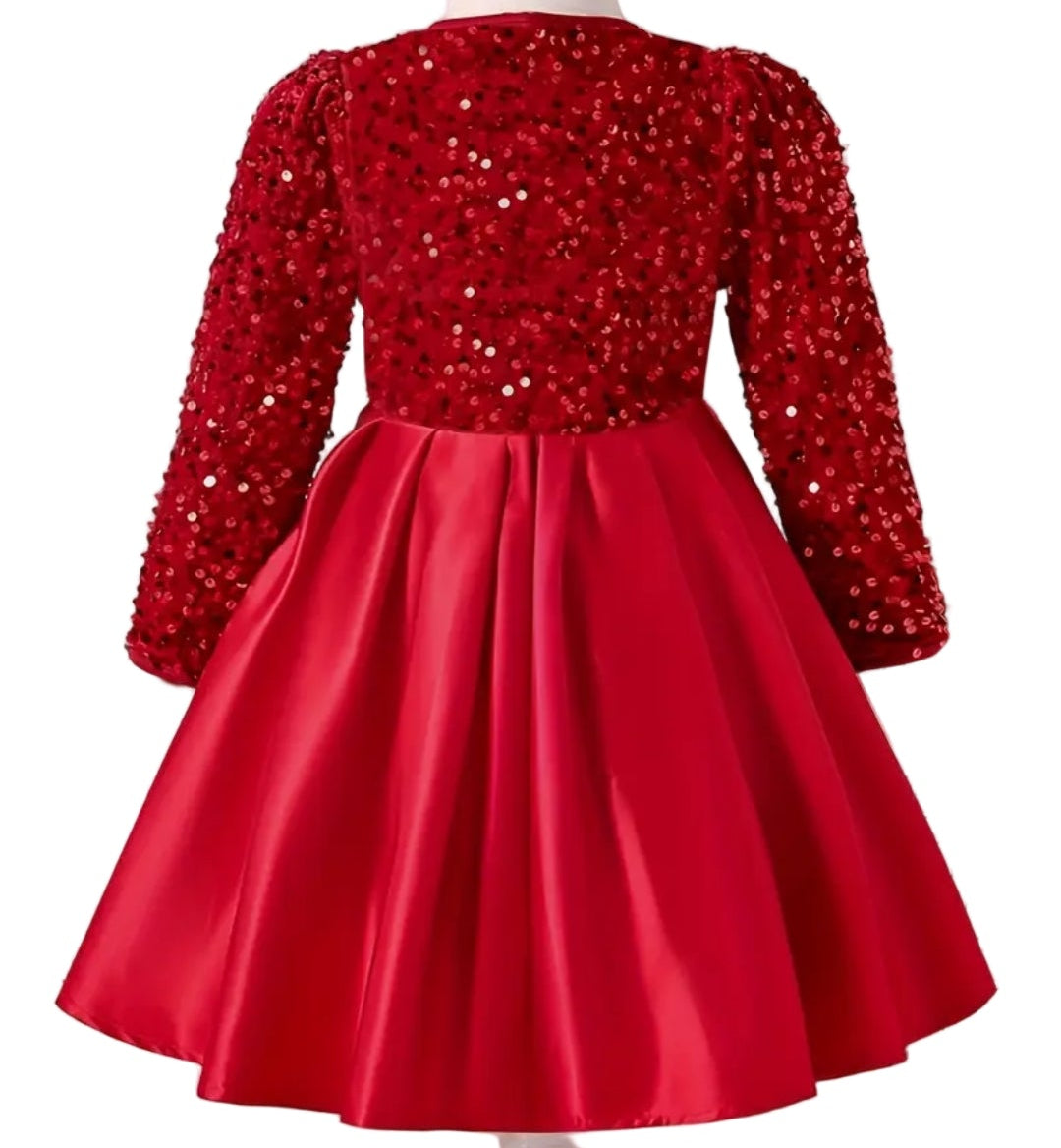 Kerstjurk rood bovenlijf met pailletten en wijde rok.
