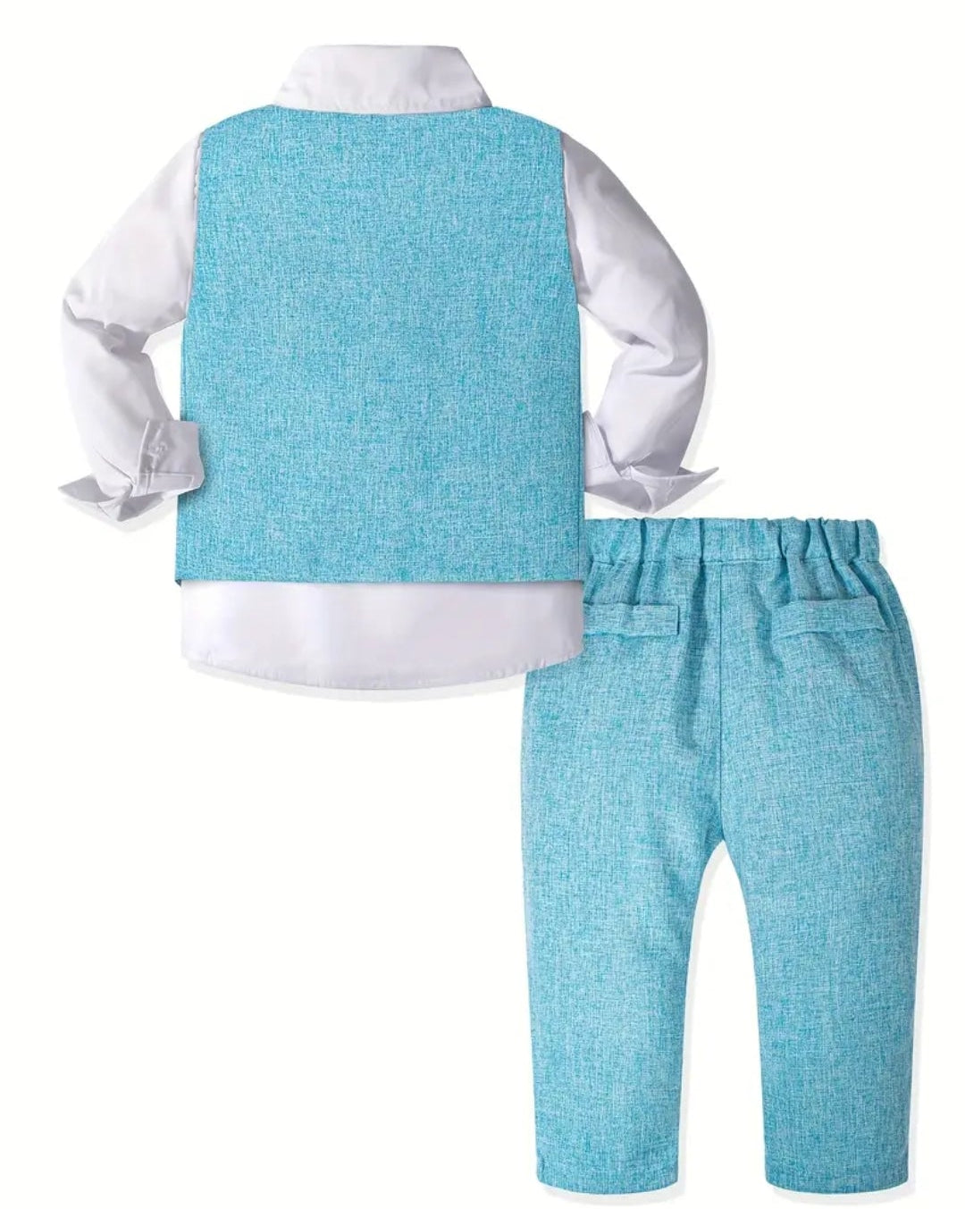 Kerstpak: turkoois gilet met pantalon en strik met witte overhemd