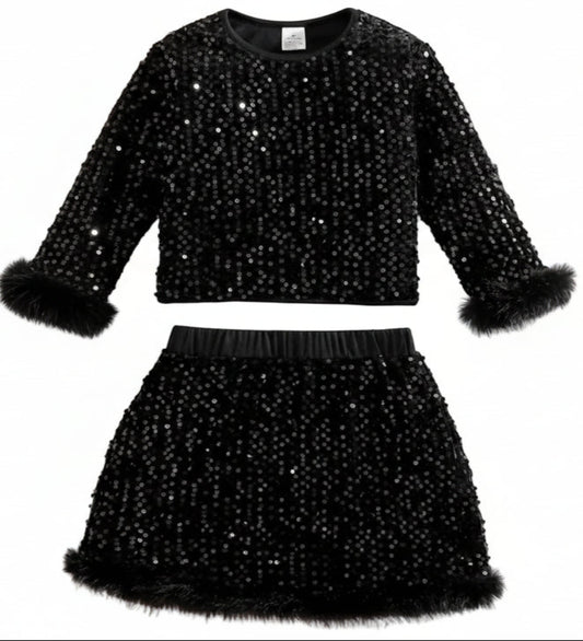 feestelijk setje: truitje met rokje van pailletten en bontrandjes