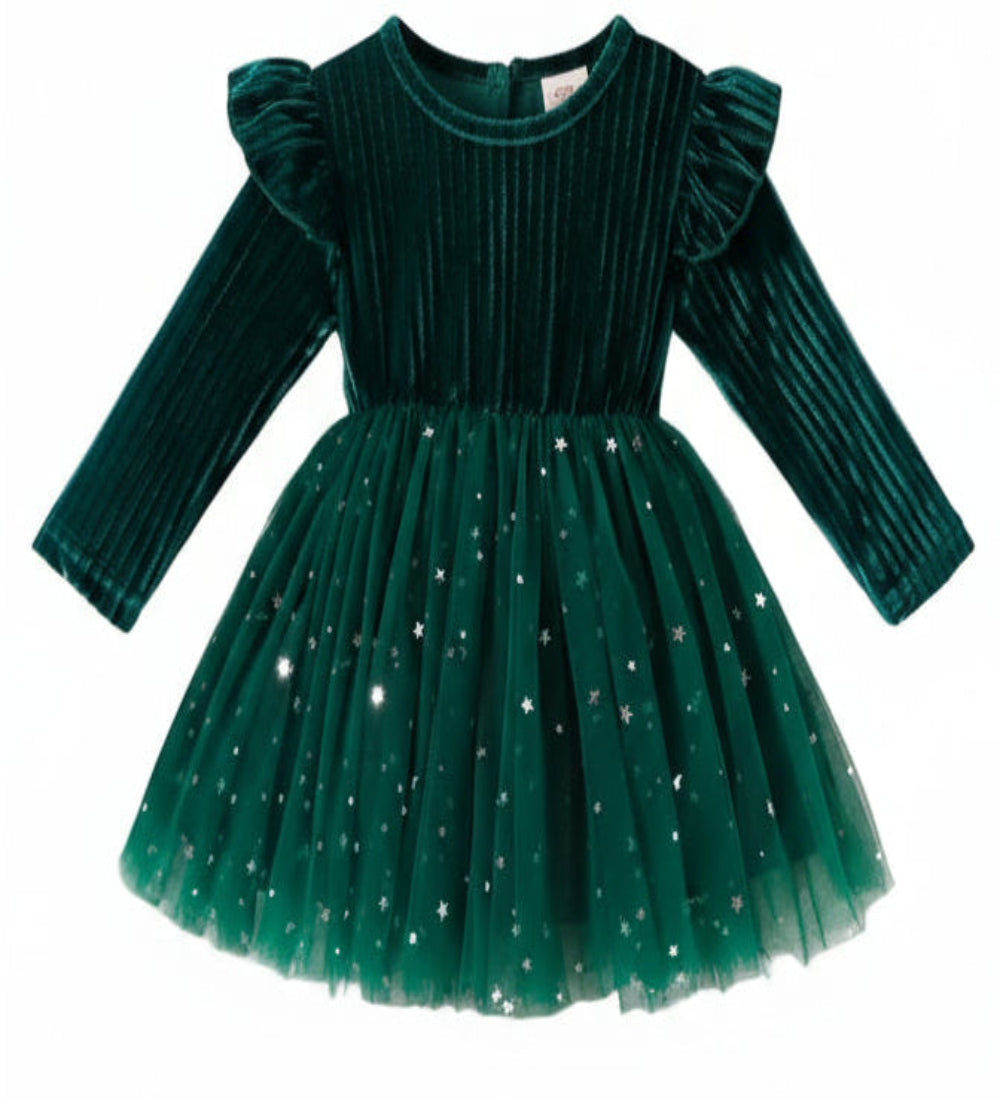 kerstjurk groen bovenlijf met tule rok met zilveren spikkels.Ook in rood leverbaar