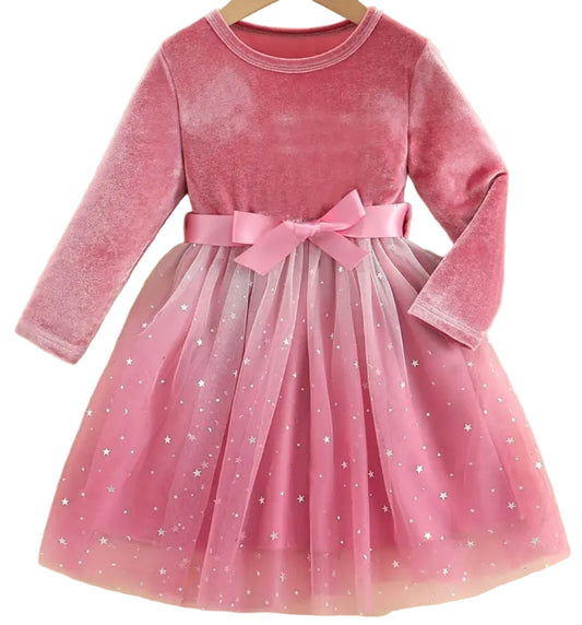 jurk roze velours met tule rok met zilveren sterren