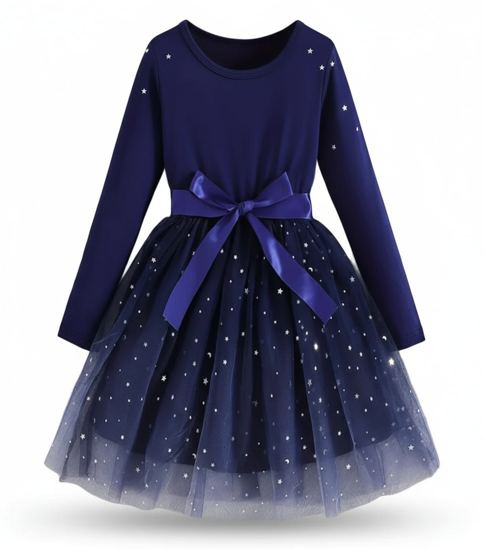 Jurk velours met tule met sterren marineblauw