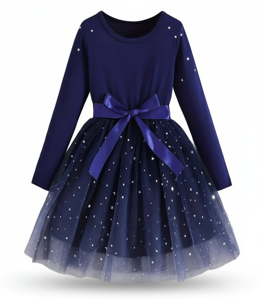 Jurk velours met tule met sterren marineblauw