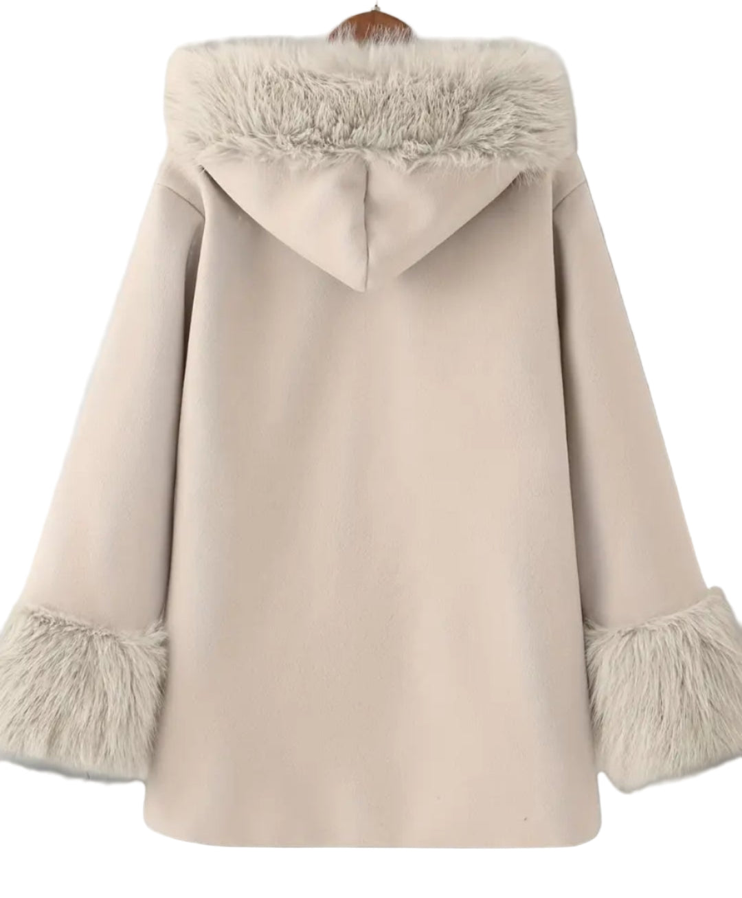 Jasje creme met capuchon met bontrand en bont langs de mouwen